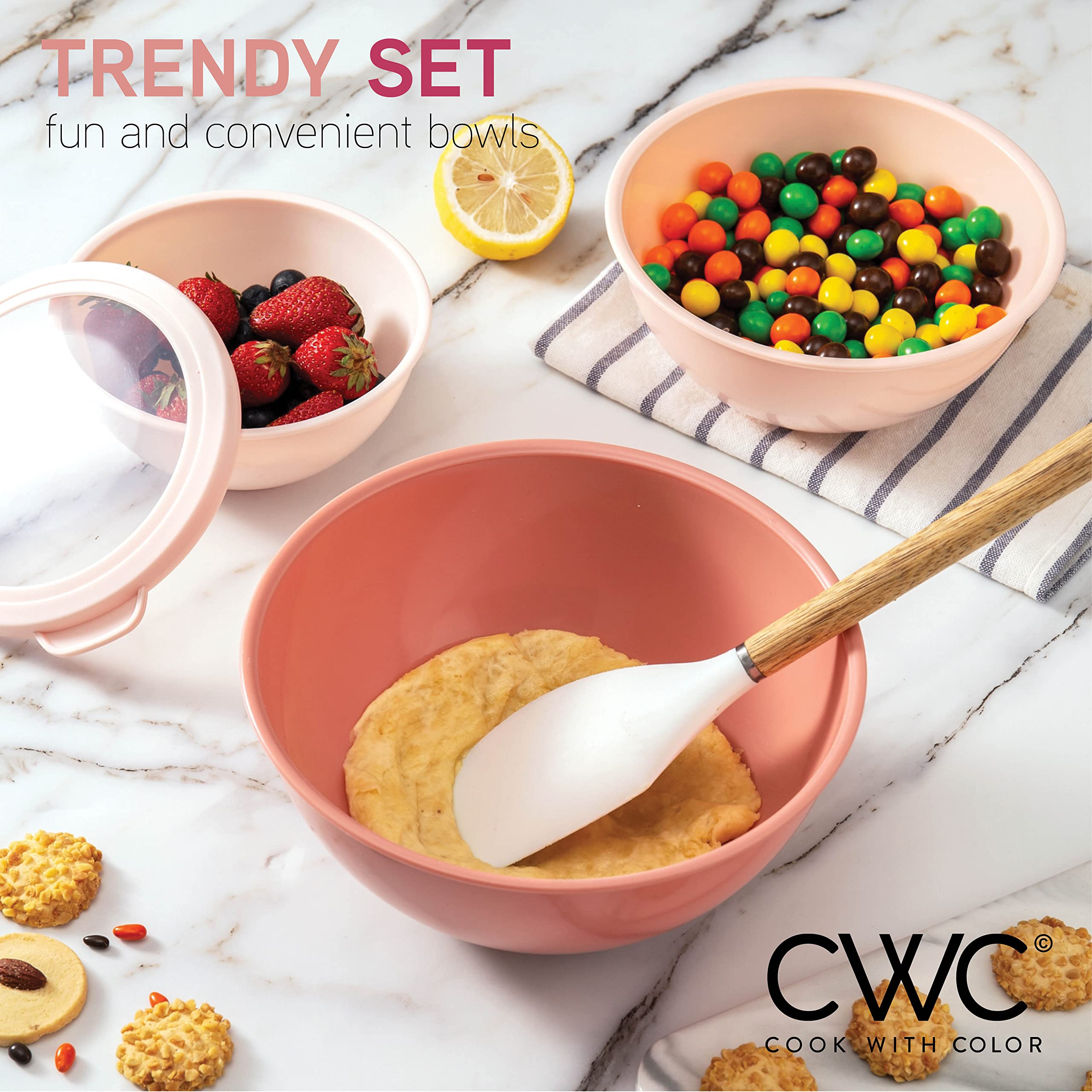 COOK WITH COLOR rose bowls displayed on a counter for organized storage