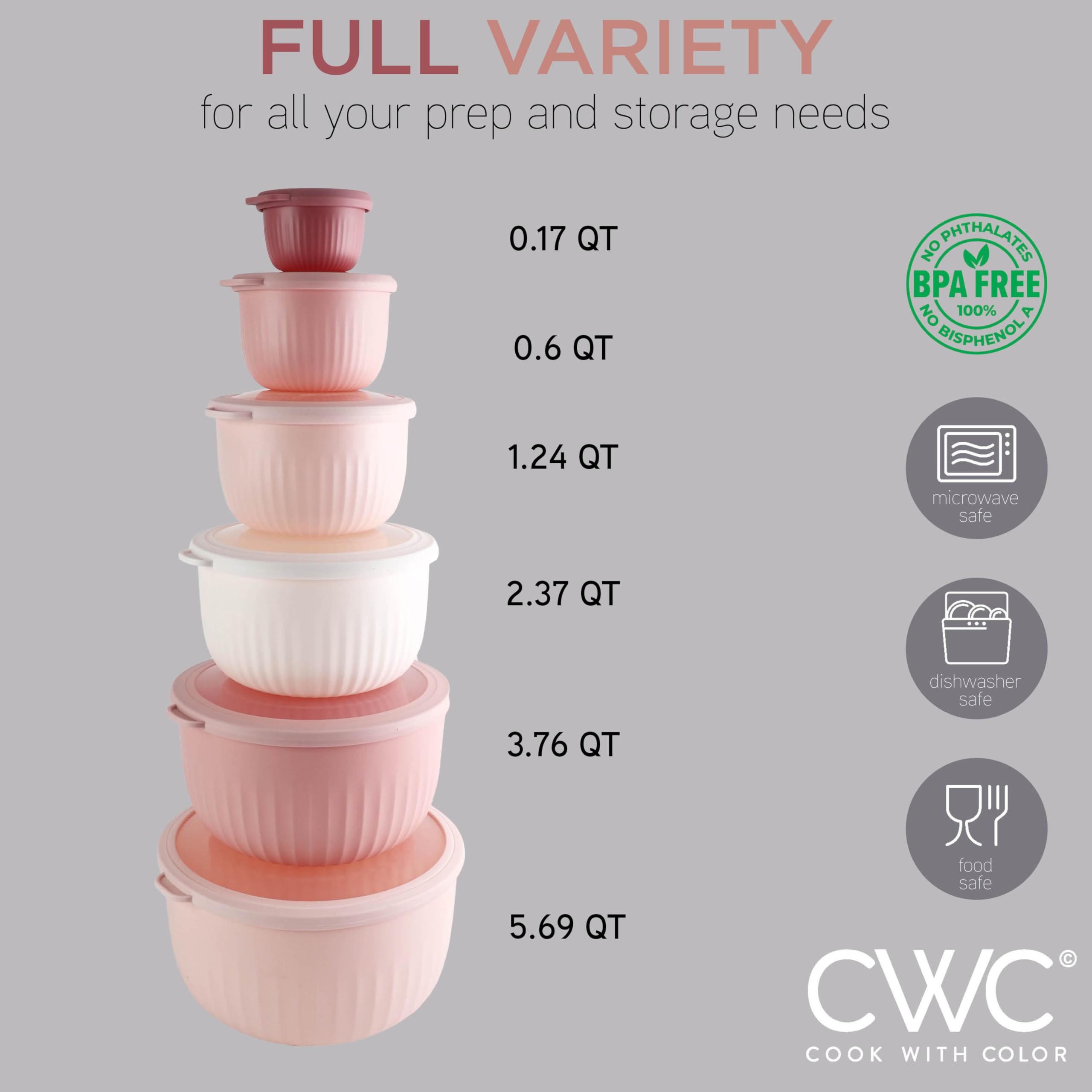 Cook with Color nesting bowls showing space-saving design with clear lids.