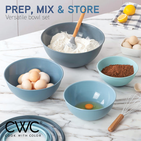 COOK WITH COLOR nesting bowls with tight lids for space-saving storage.
