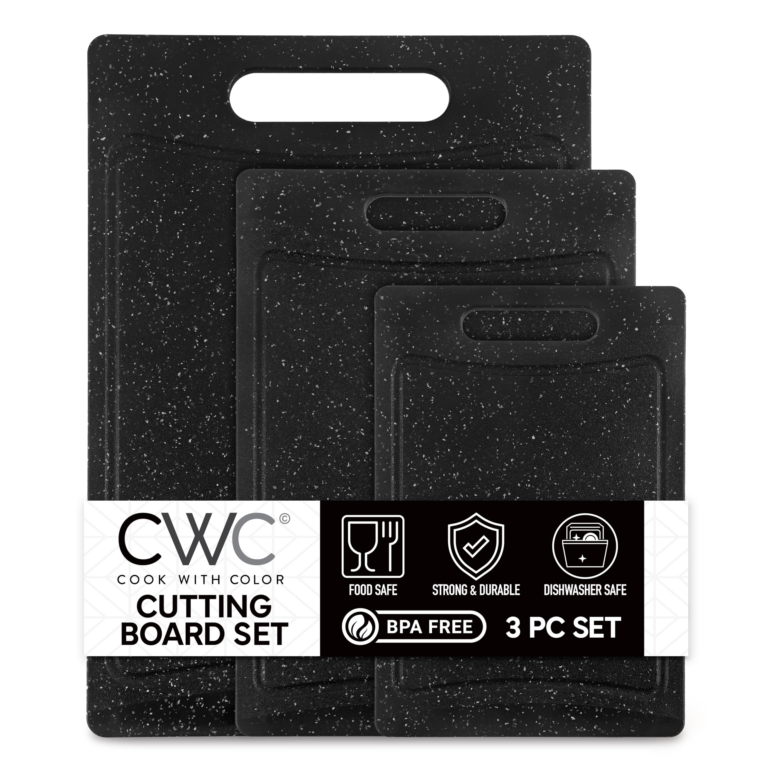 COOK WITH COLOR non-slip cutting board set in speckled black for stable slicing.