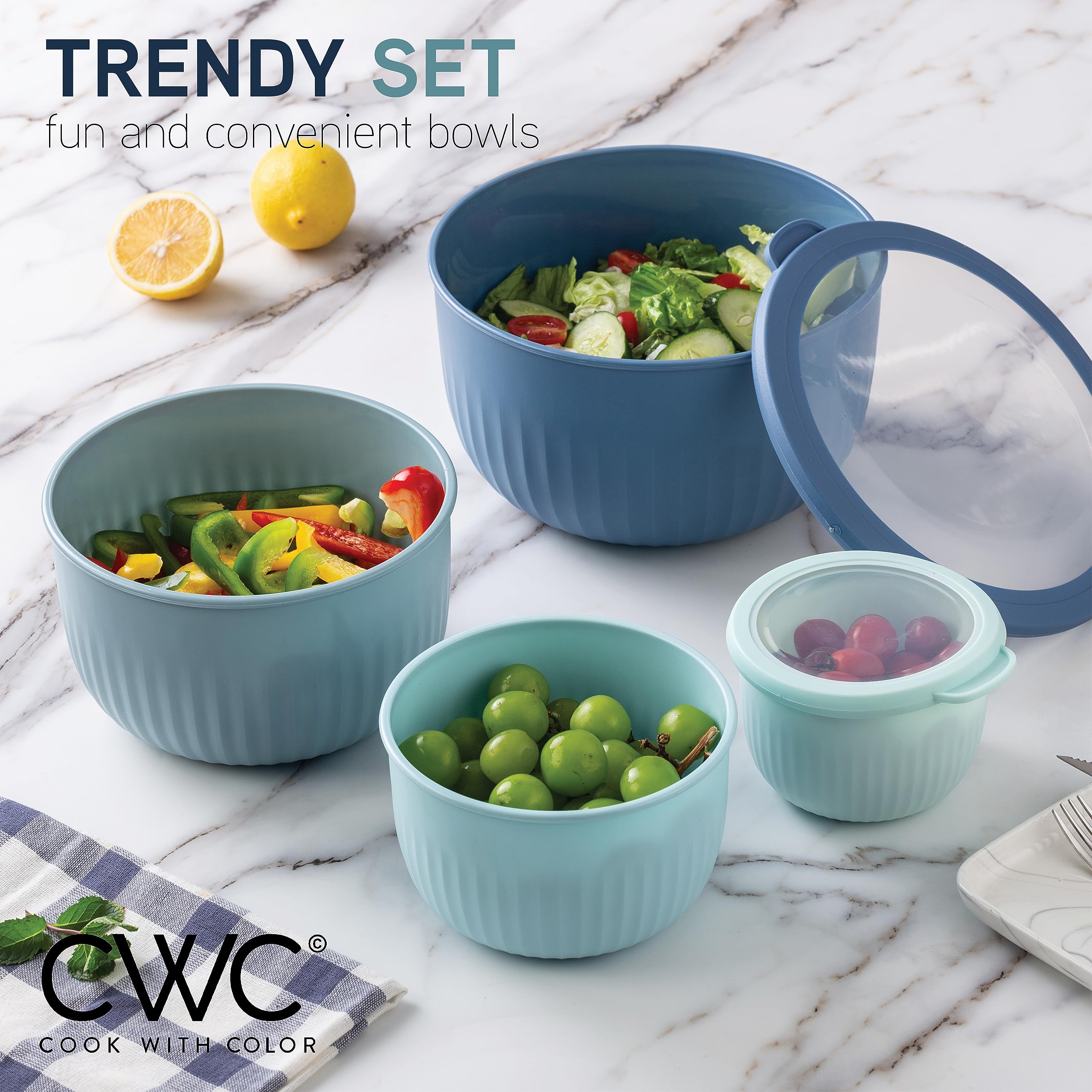 Cook With Color prep bowls with clear lids for quick visibility.