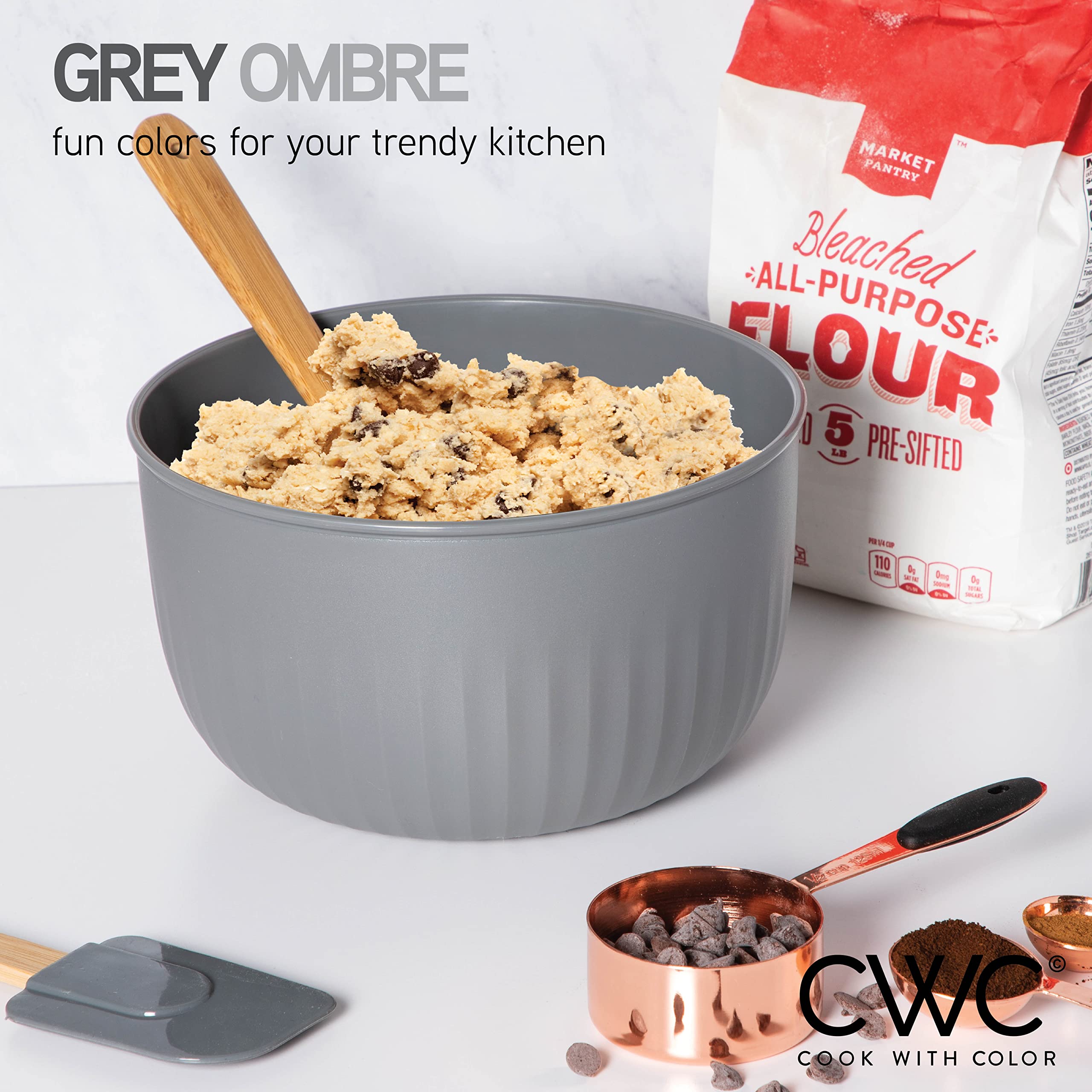COOK WITH COLOR deep, wide bowls make mixing easy without splatter