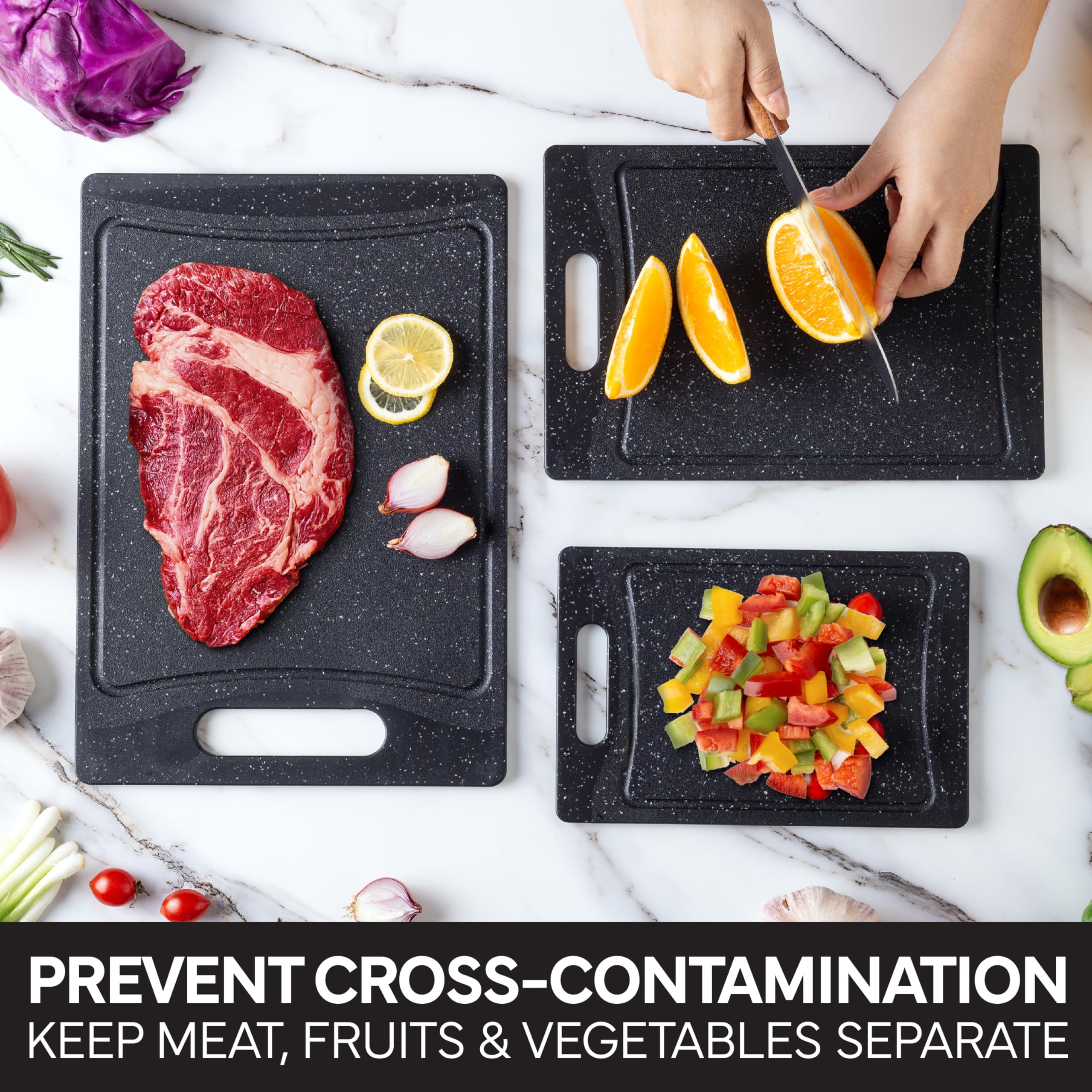 COOK WITH COLOR rubber feet keep boards secure during chopping.