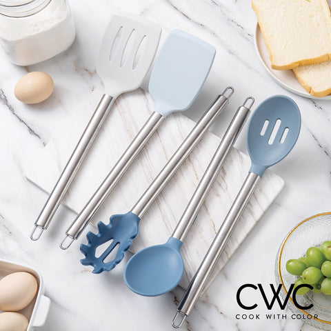 Cook With Color silicone slotted spoon protecting delicate ingredients while draining