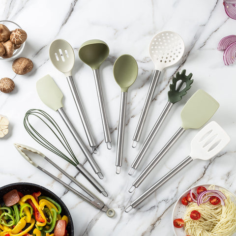 COOK WITH COLOR silicone slotted spoon for safe, heat resistant stirring.