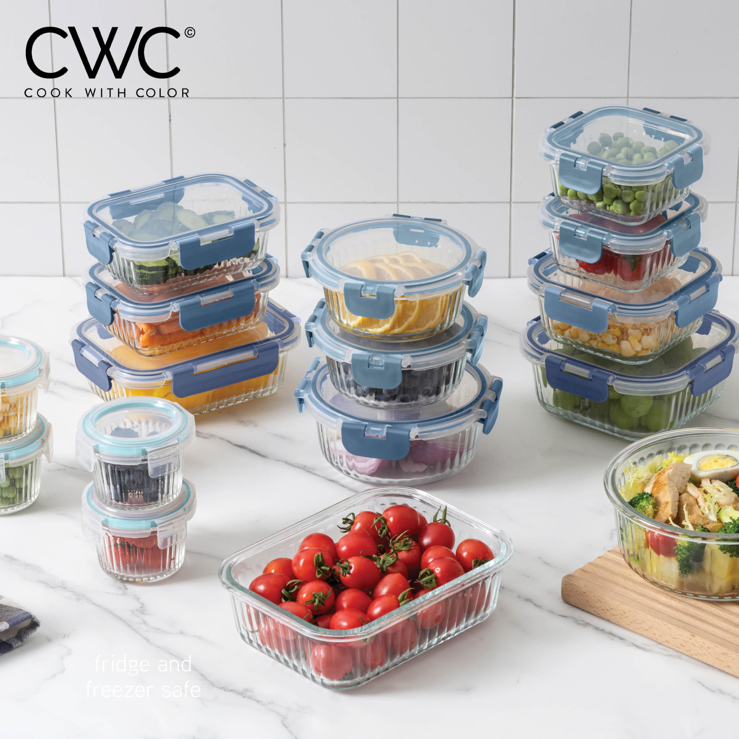 Stackable containers neatly organized in a cabinet.