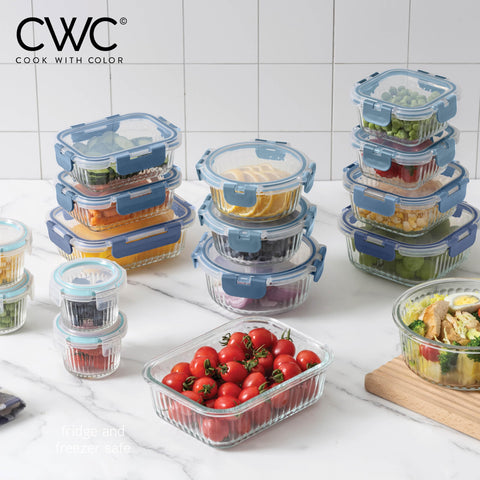Stackable containers neatly organized in a cabinet.