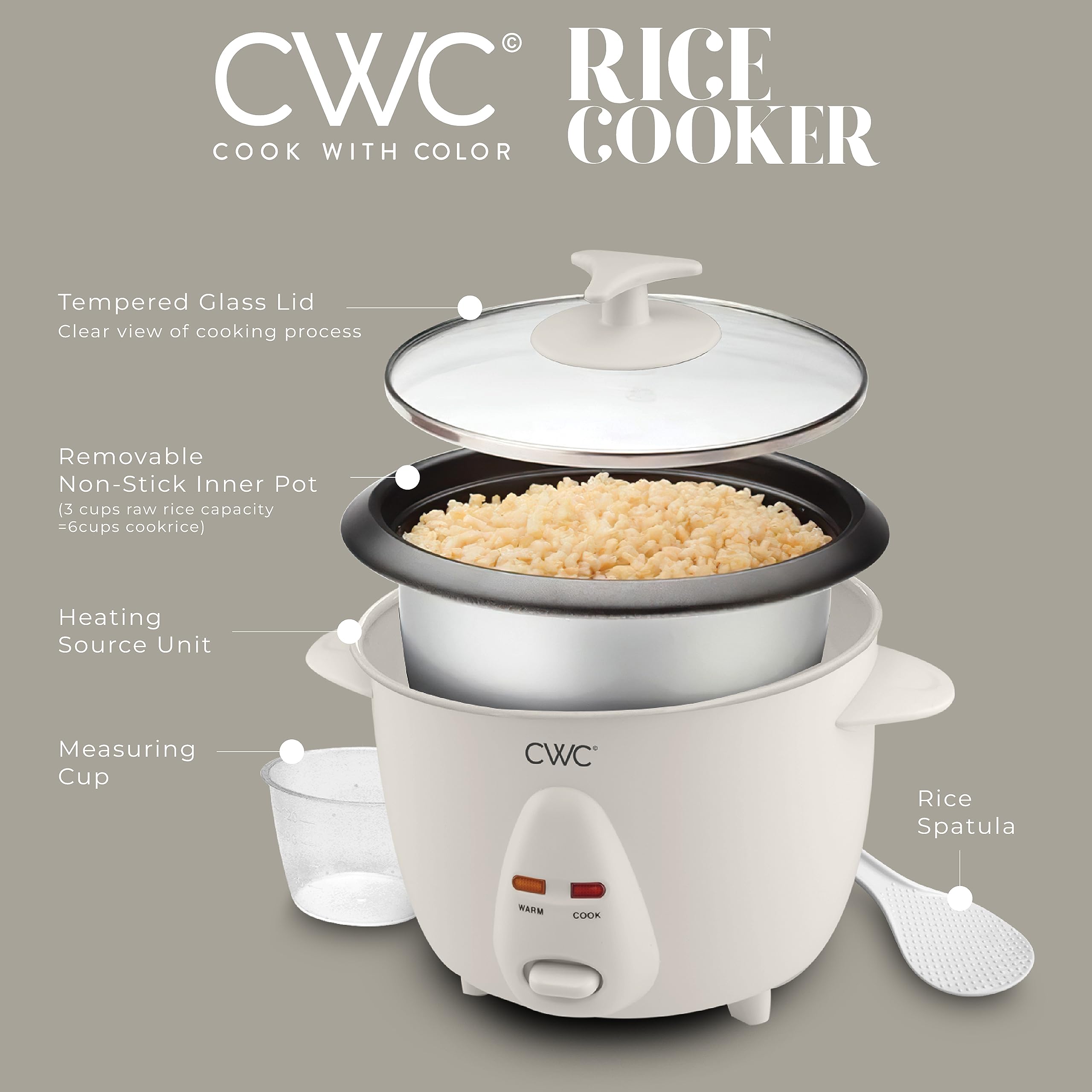 Cook With Color 6 Cup Rice Cooker steaming rice for fluffy results.