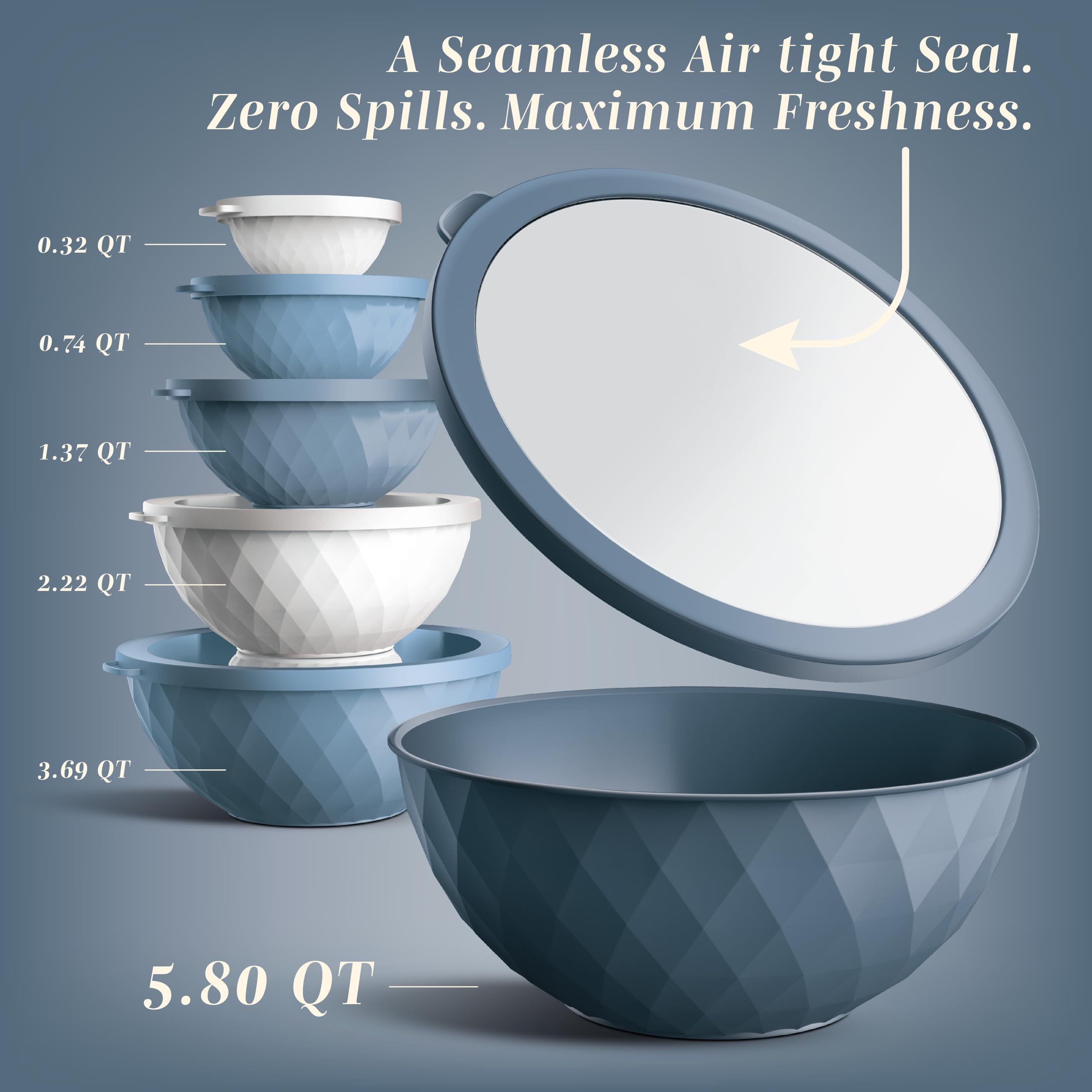 COOK WITH COLOR diamond-design bowls stack neatly for compact storage.