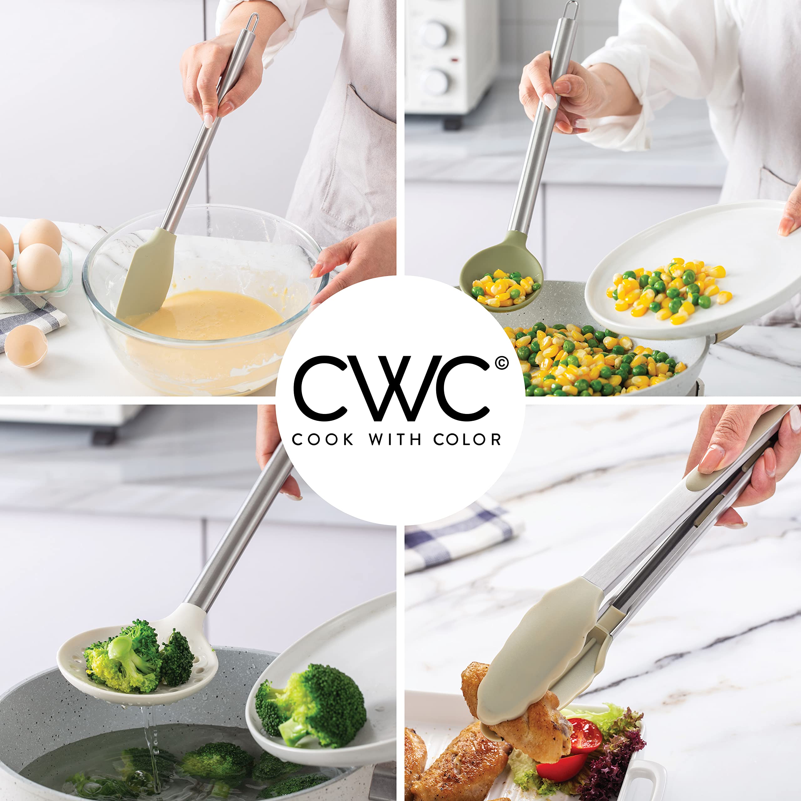 COOK WITH COLOR tongs provide secure grip for flipping and serving.