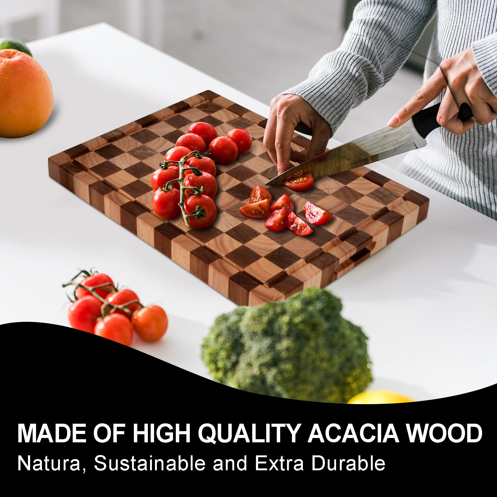 Cookaholic acacia cutting board side view, sturdy 20x15 design for big chopping tasks.