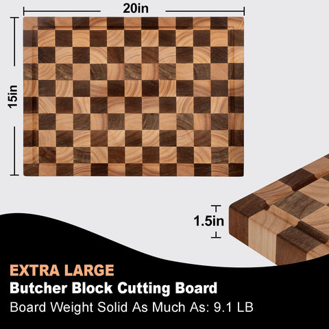 Cookaholic acacia cutting board end-grain close-up, self-healing wood protects blades.