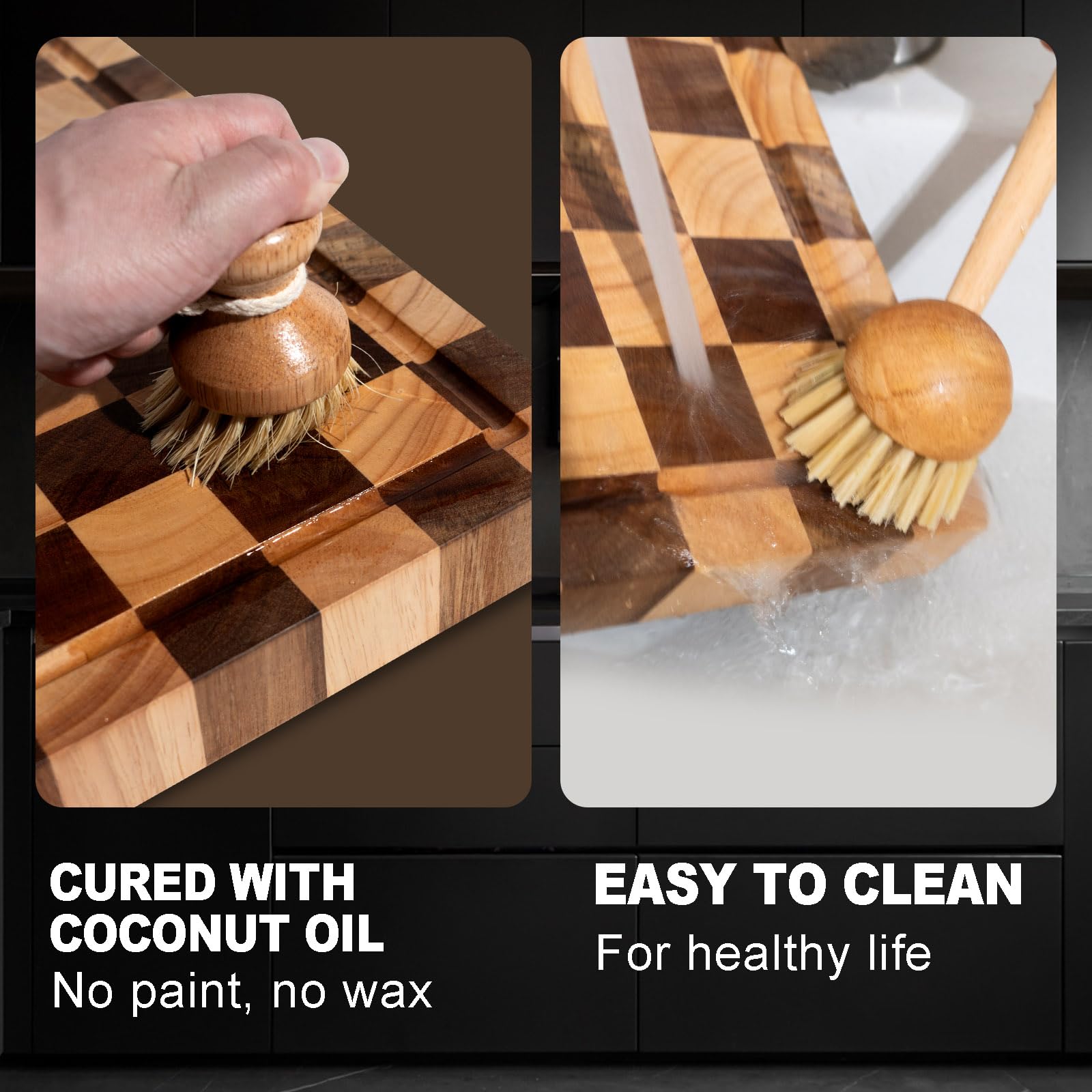 Cookaholic acacia cutting board with built-in handles, easy transport and serving.