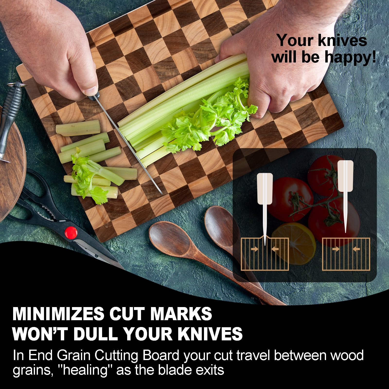 Cookaholic acacia cutting board with juice groove, catches liquids to keep counters clean.