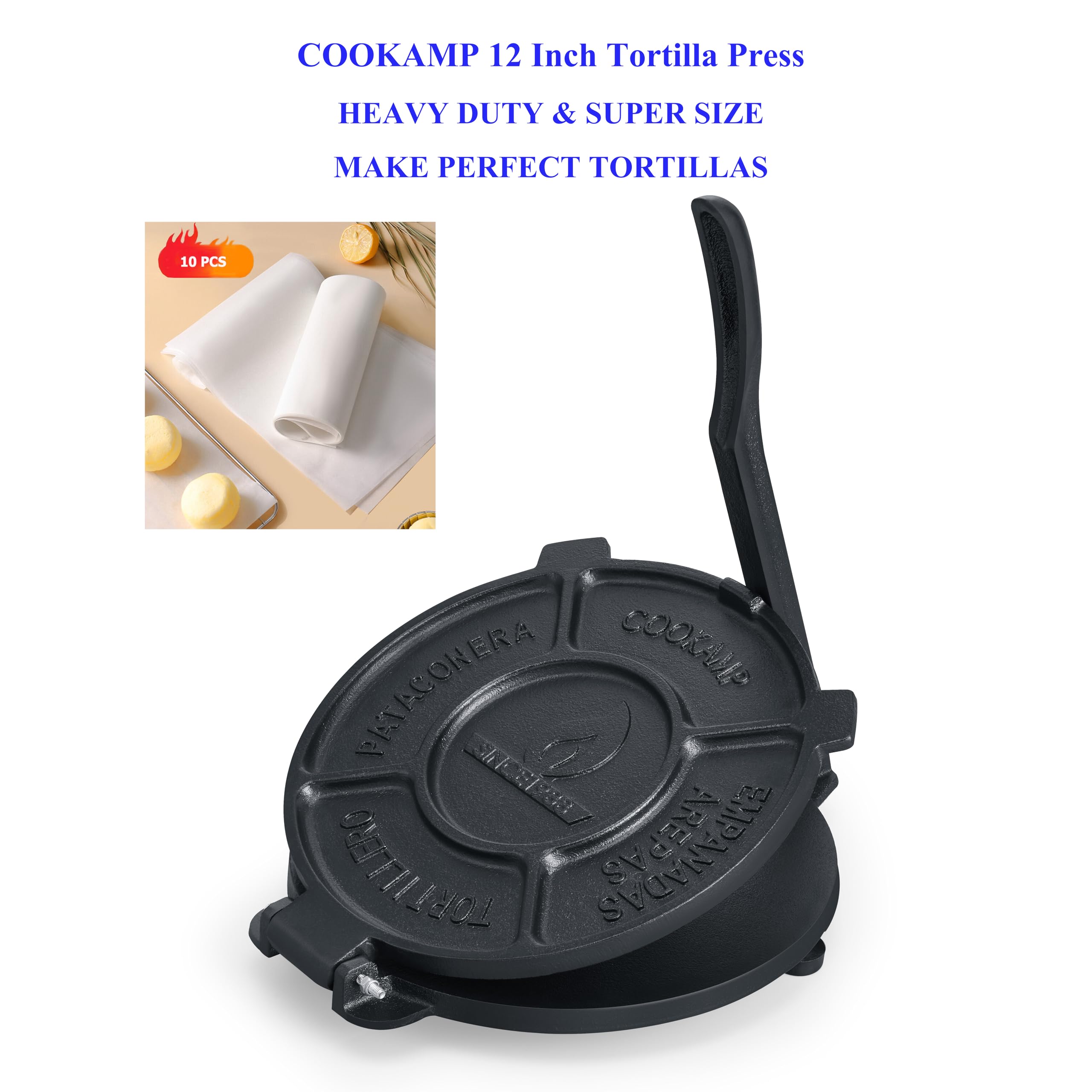 Cookamp tortilla press ergonomic handle close-up for comfortable, powerful pressing