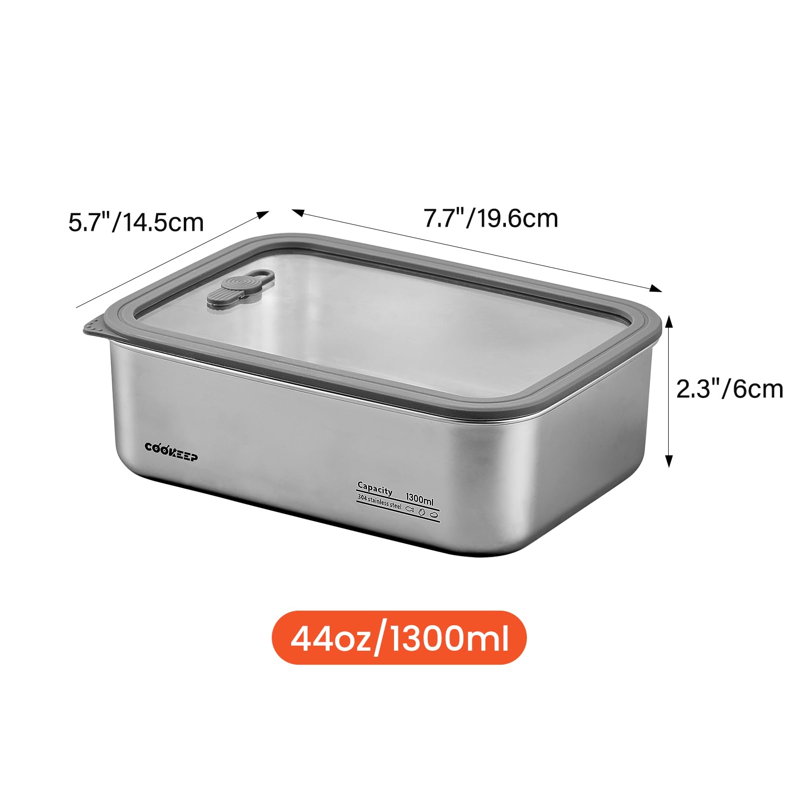 Cookeep 44oz stainless steel container with lid closed highlighting airtight, leakproof design.
