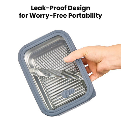 Cookeep stainless steel lunch box ready for meal prep in fridge or bag.