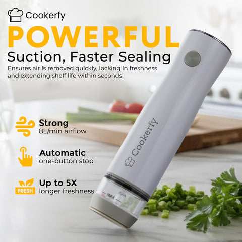 Cookerfy vacuum sealer digital display shows battery and vacuum level.