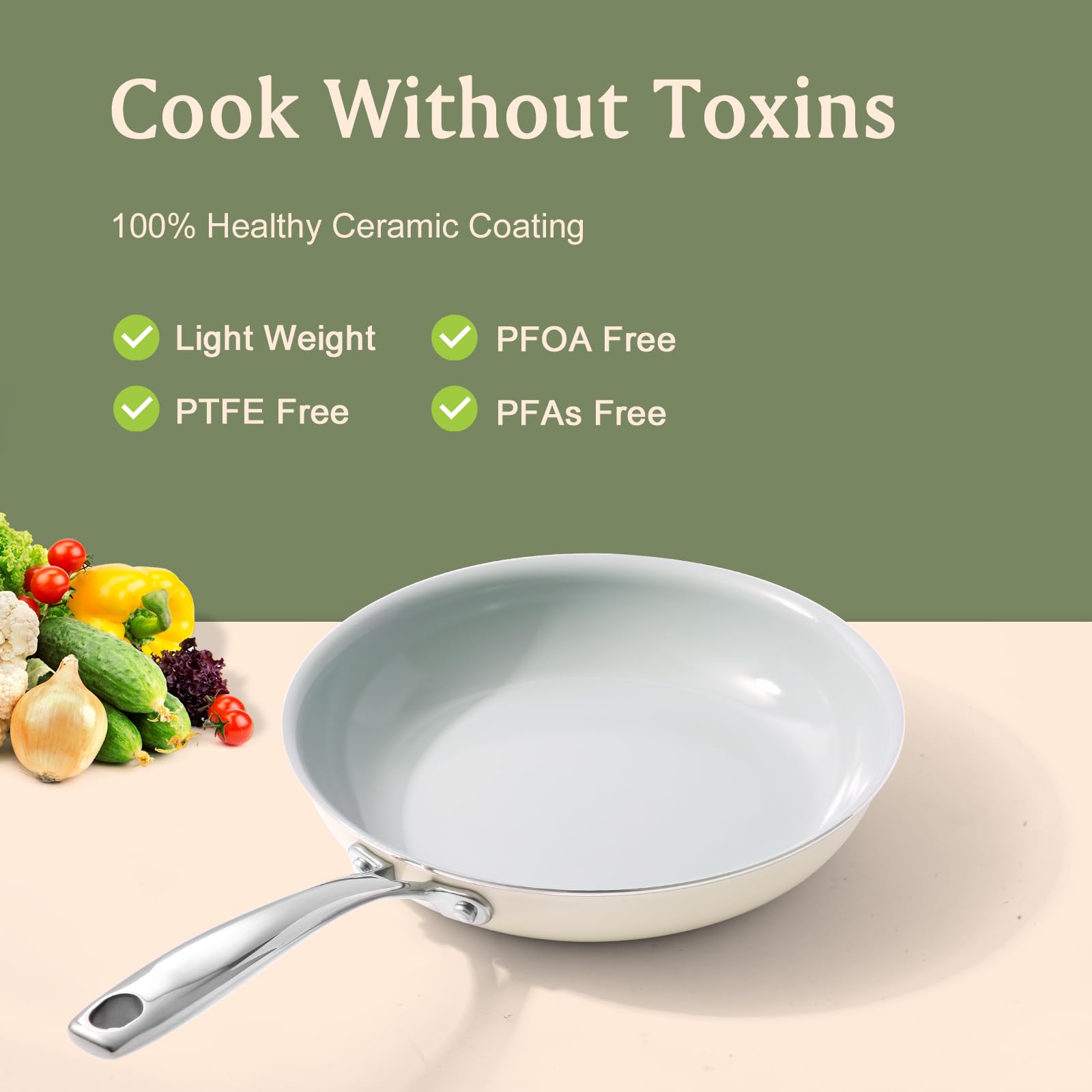 Cookersway ceramic nonstick 9.5-inch fry pan ideal for vegetables with minimal sticking.