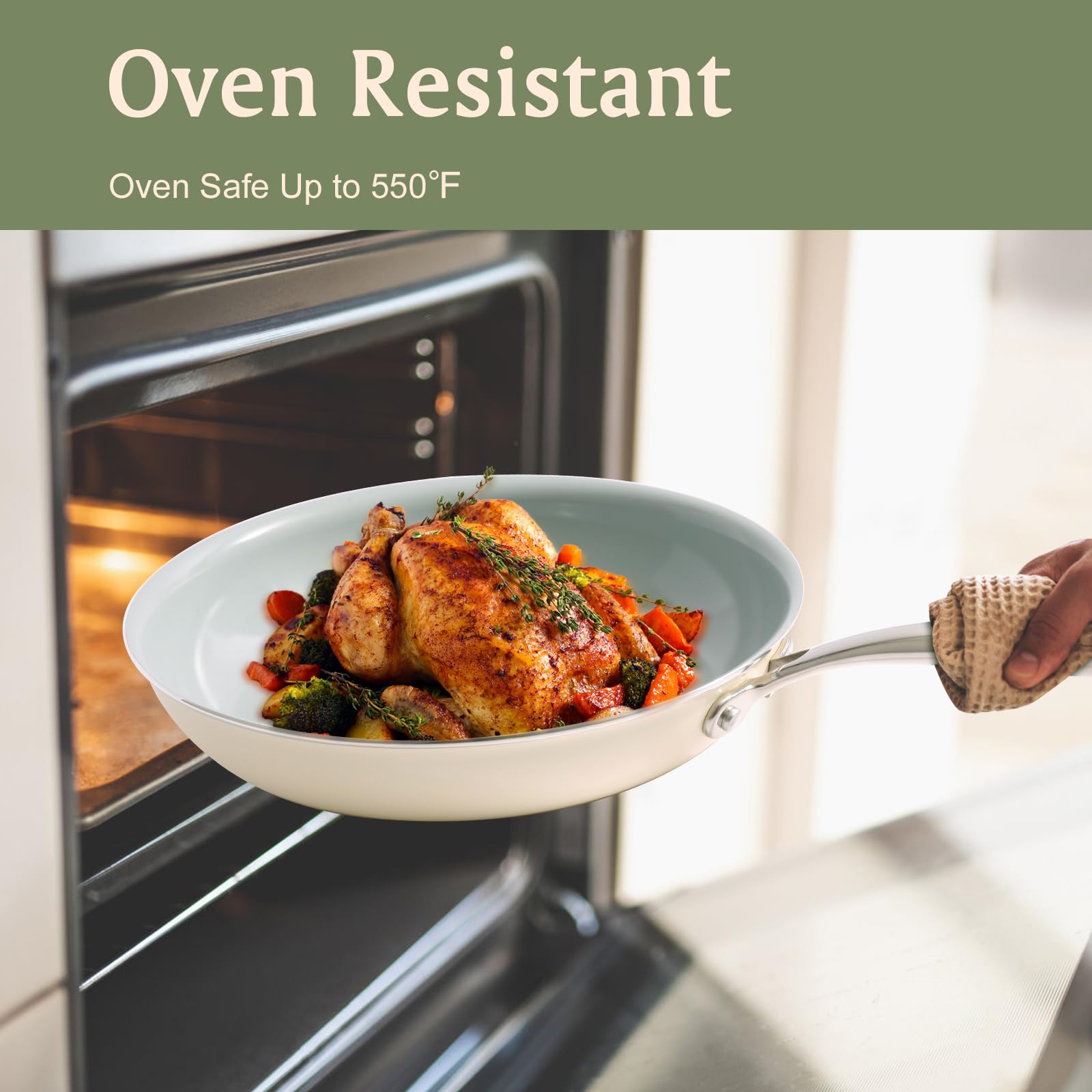 Cookersway ceramic nonstick skillet with ergonomic-handle closeup shows comfortable grip for controlled cooking.