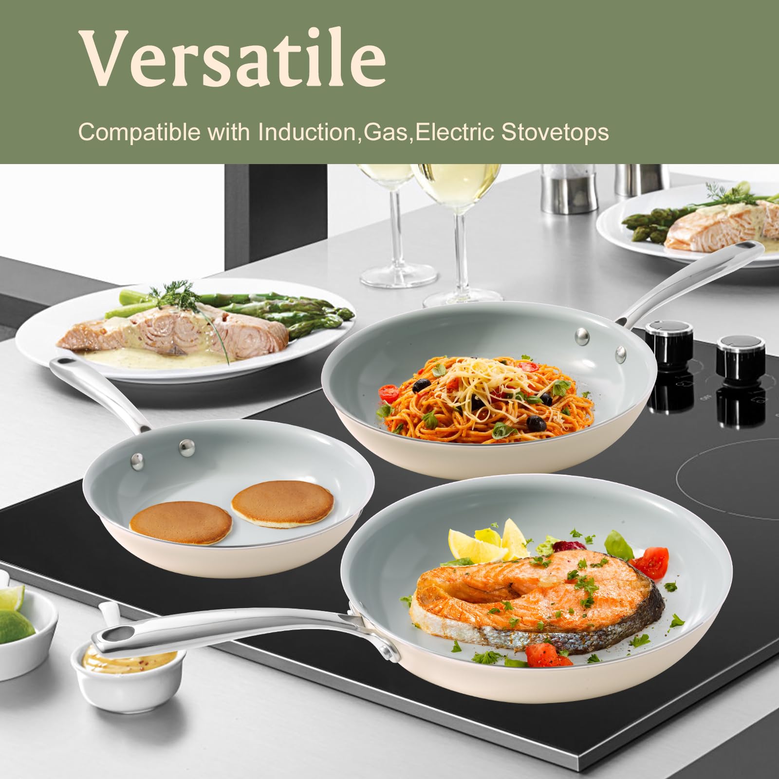 Cookersway ceramic nonstick pan oven-safe up to 550°F for versatile finishing of dishes.