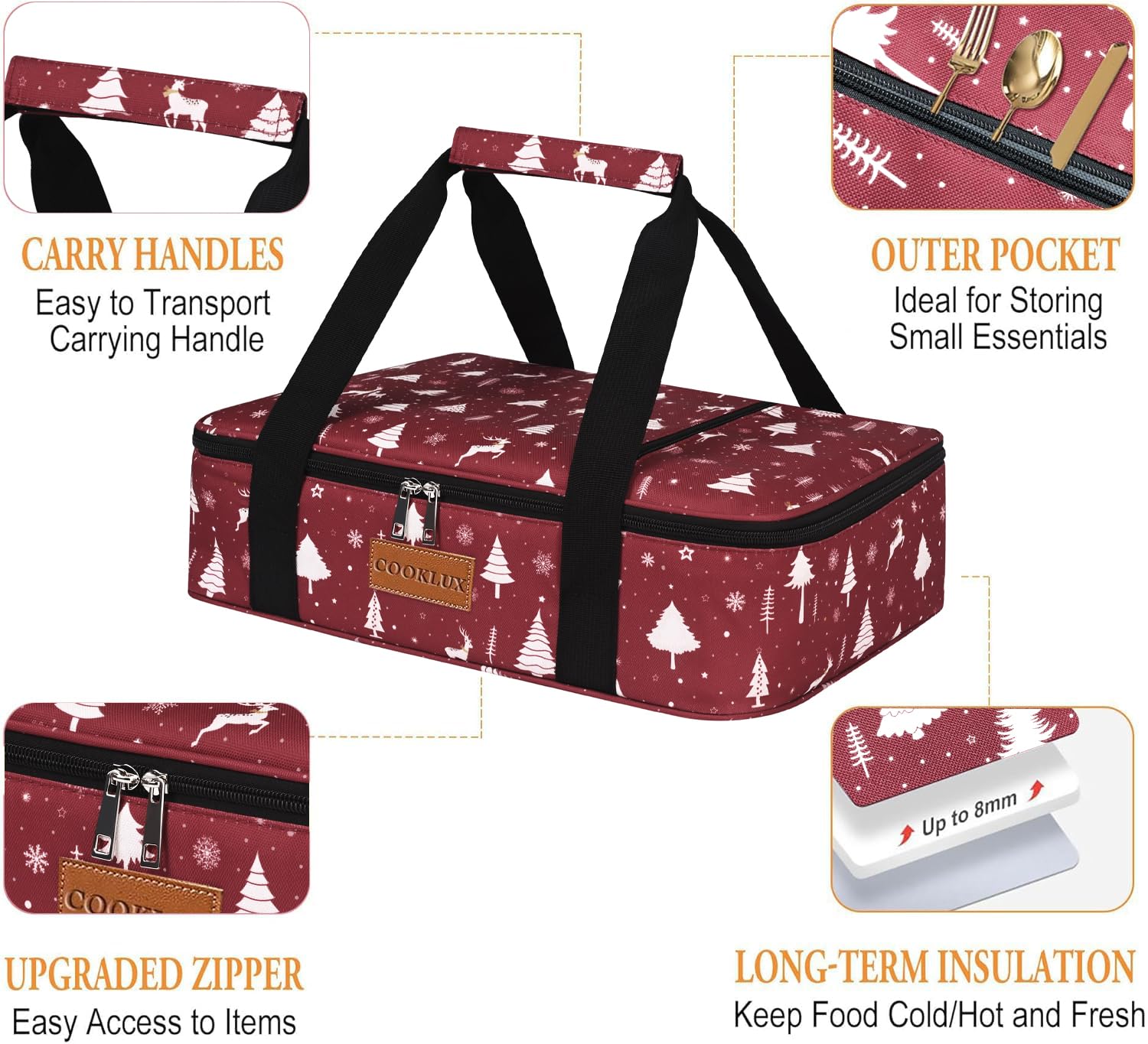 Cooklux insulated casserole carrier fits a 9x13 dish for easy transport.