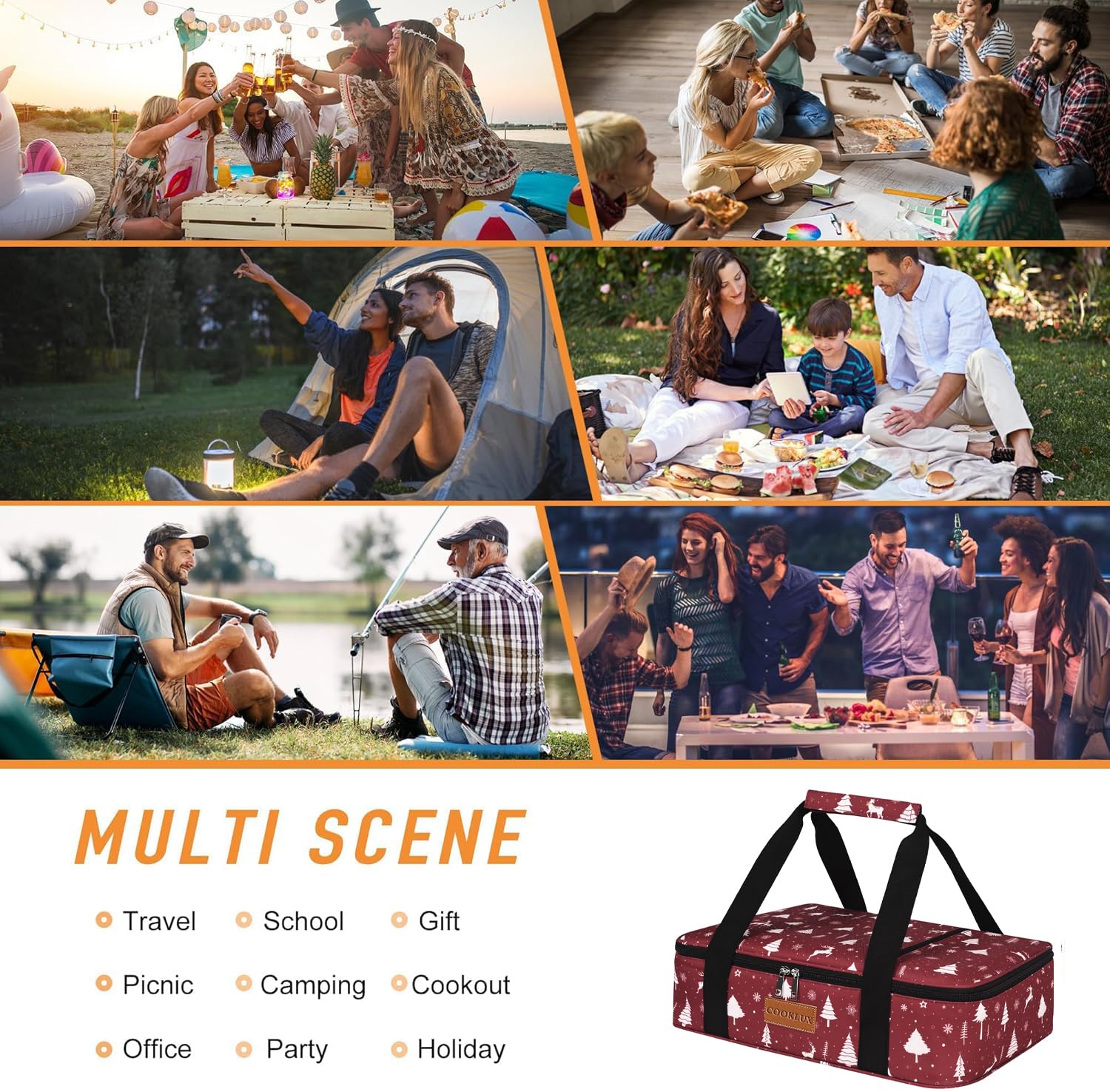 Cooklux insulated casserole carrier external pocket, ideal for utensils and snacks.
