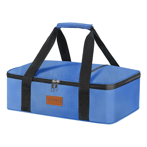Cooklux insulated casserole carrier showing 9x13 dish compatibility for hot meals on the go.