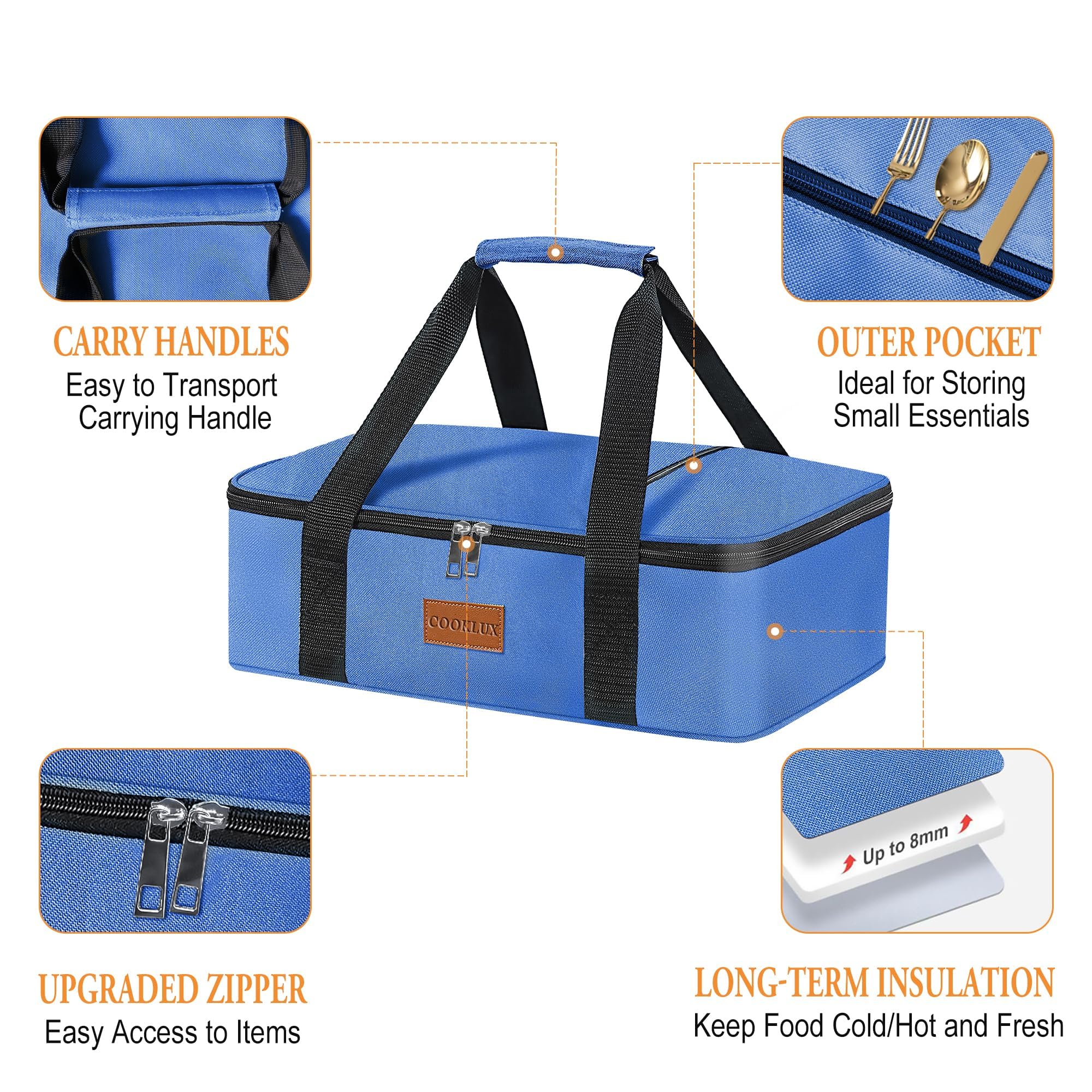 Cooklux leak-proof zipper highlights secure closure for spill-free transport.