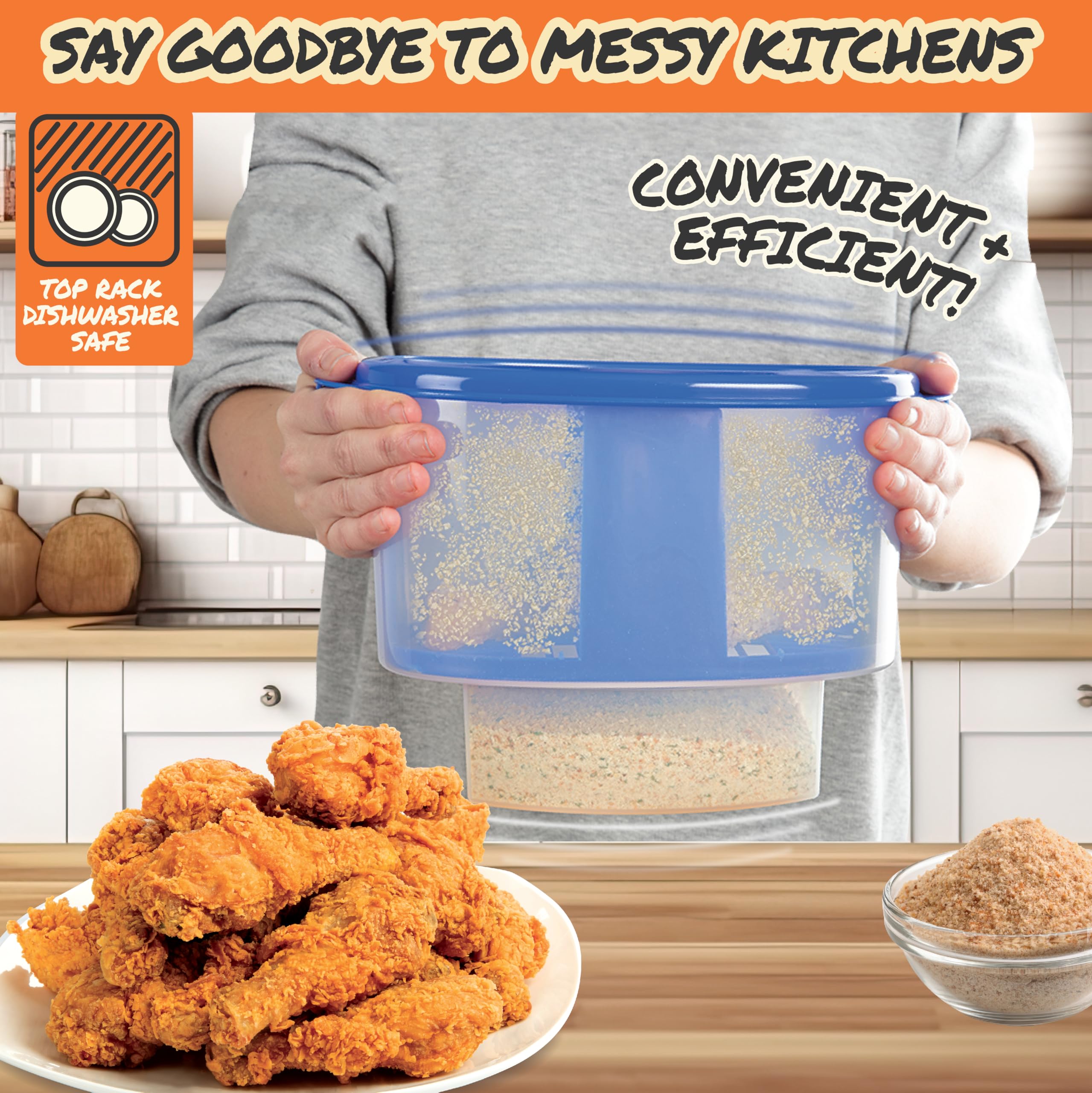 Cook's Choice Breader Bowl used in a kitchen setup for mess-free outdoor cooking.