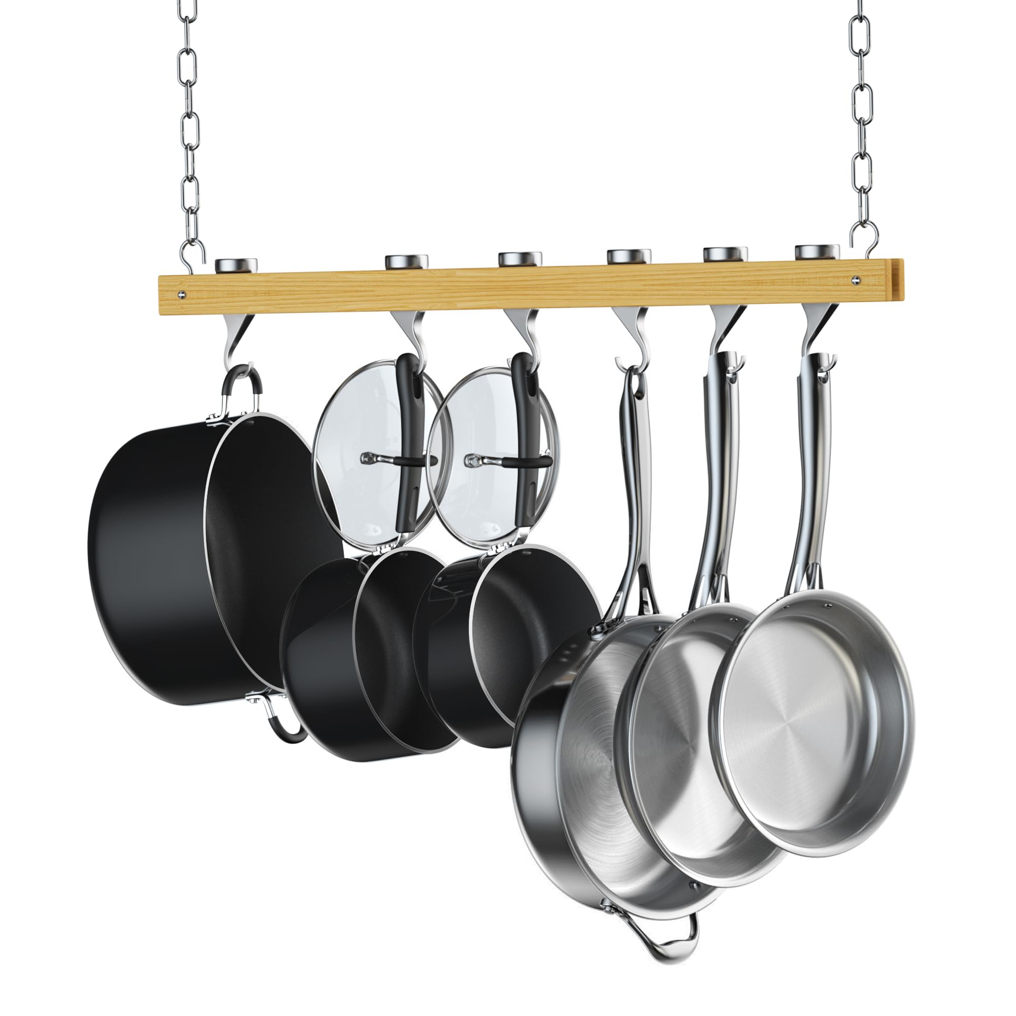 Cooks Standard NC-00269 ceiling-mount wooden pot rack with 36-inch bar for organized cookware.