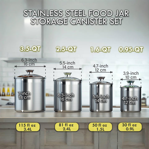 Cooks Standard stainless steel 3.5qt canister with lid open for easy scooping.