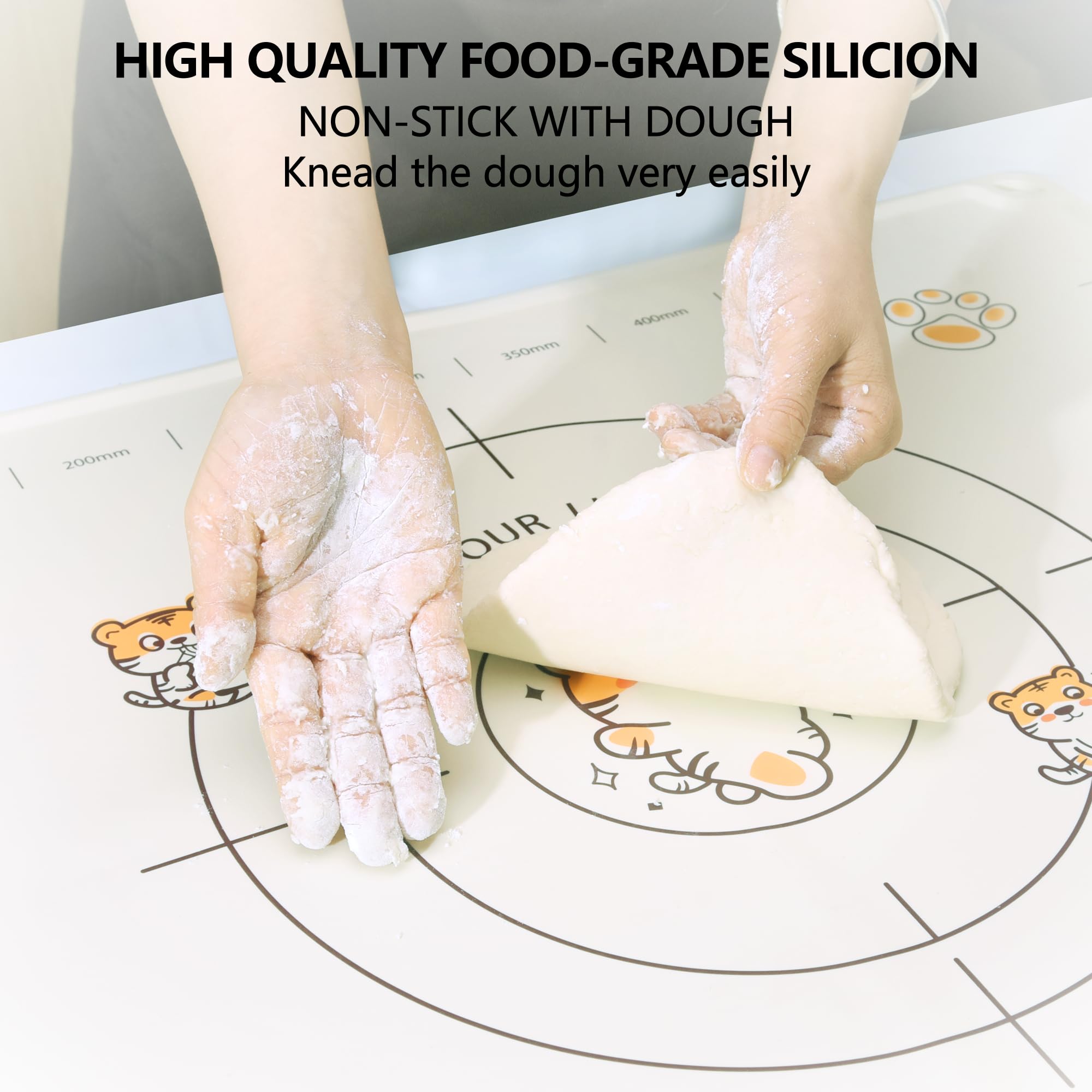COOKSTYLE measuring silicone mat features millimeter scales for precise dough cutting.