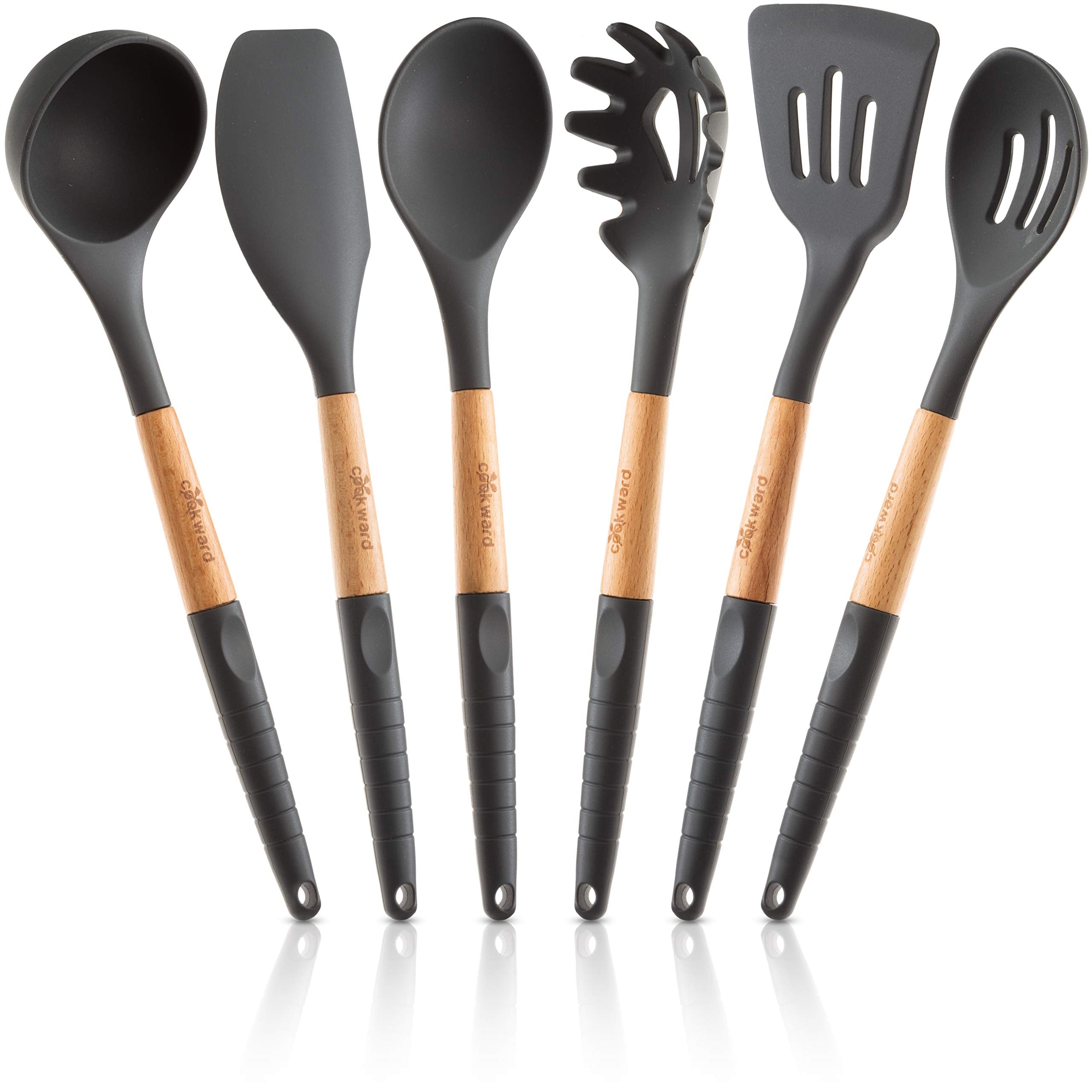 Cookward silicone utensils set full view with wooden handles for versatile cooking.