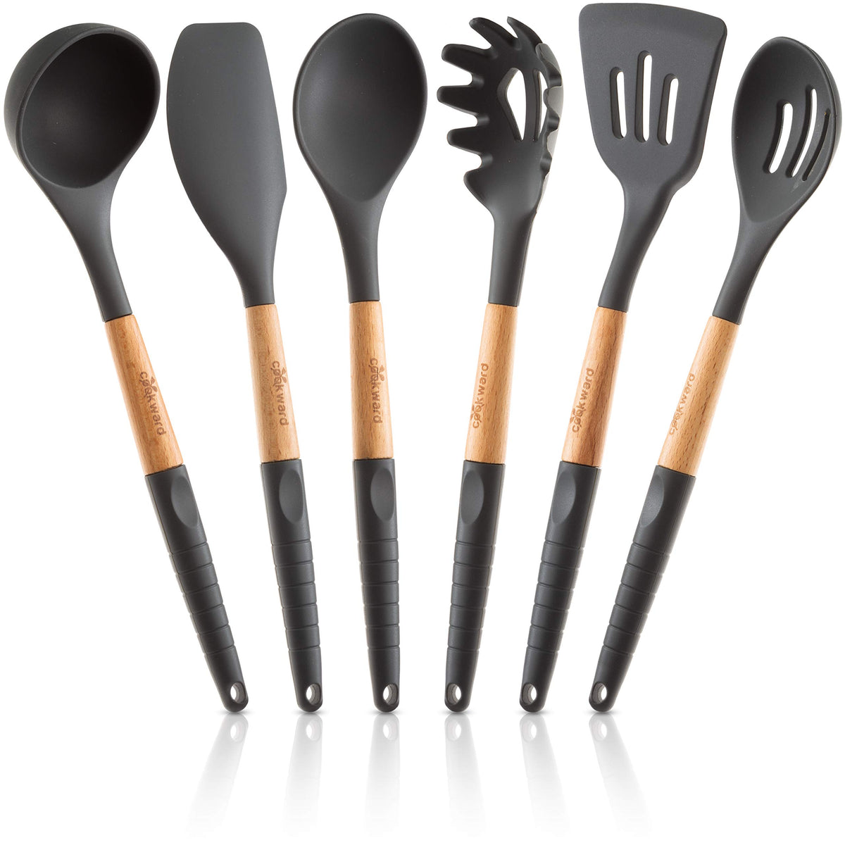 Cookward silicone utensils set full view with wooden handles for versatile cooking.