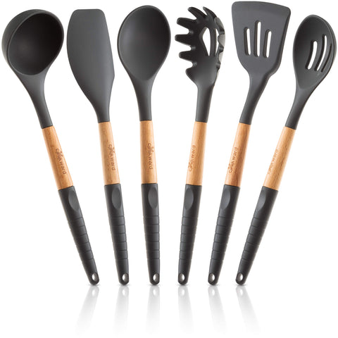 Cookward silicone utensils set full view with wooden handles for versatile cooking.