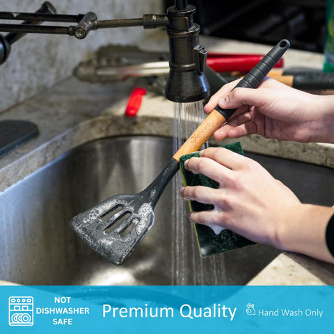 Cookward slotted spoon in action for draining liquids without scratching pans.
