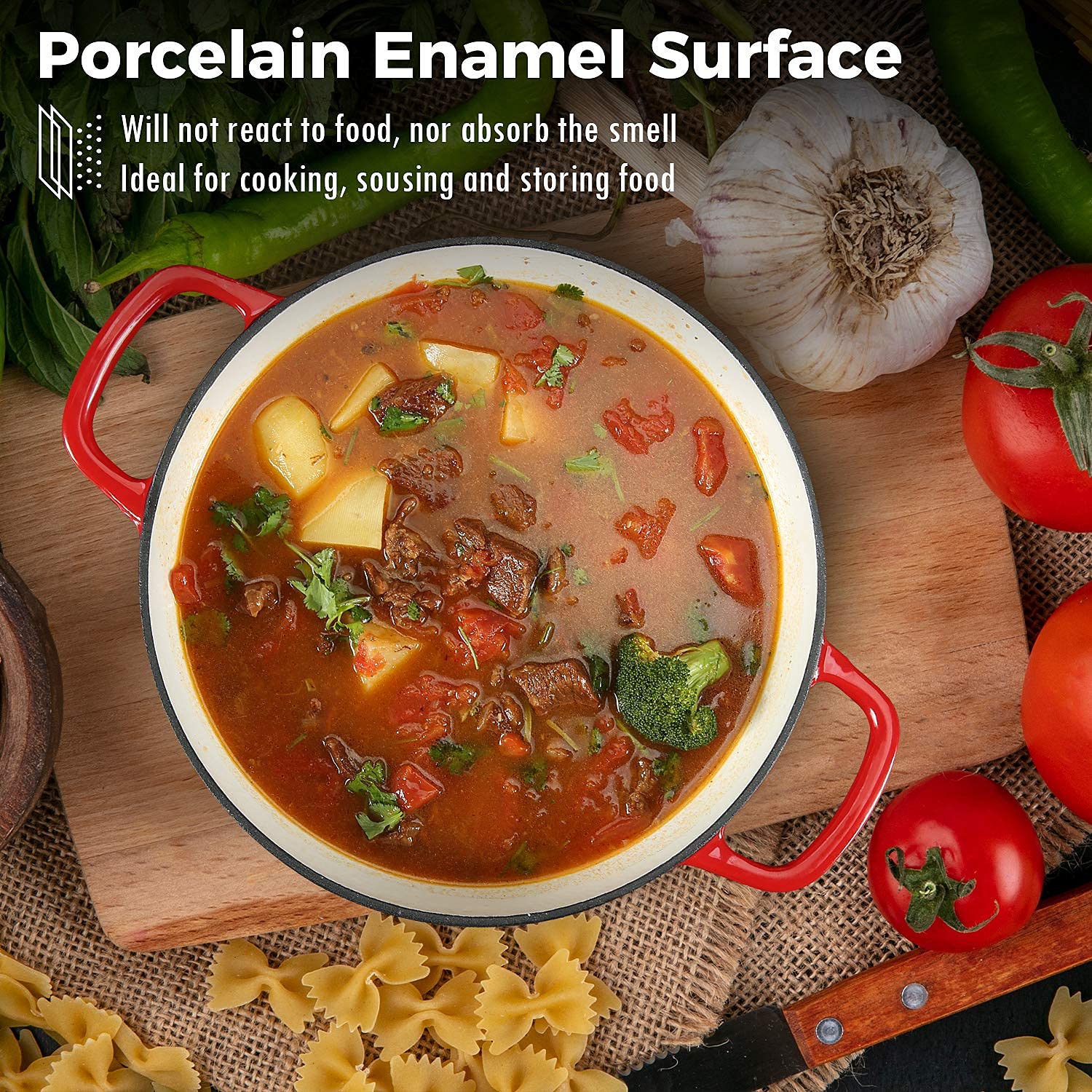 Easy cleaning thanks to smooth enamel surface and nonstick-friendly finish.