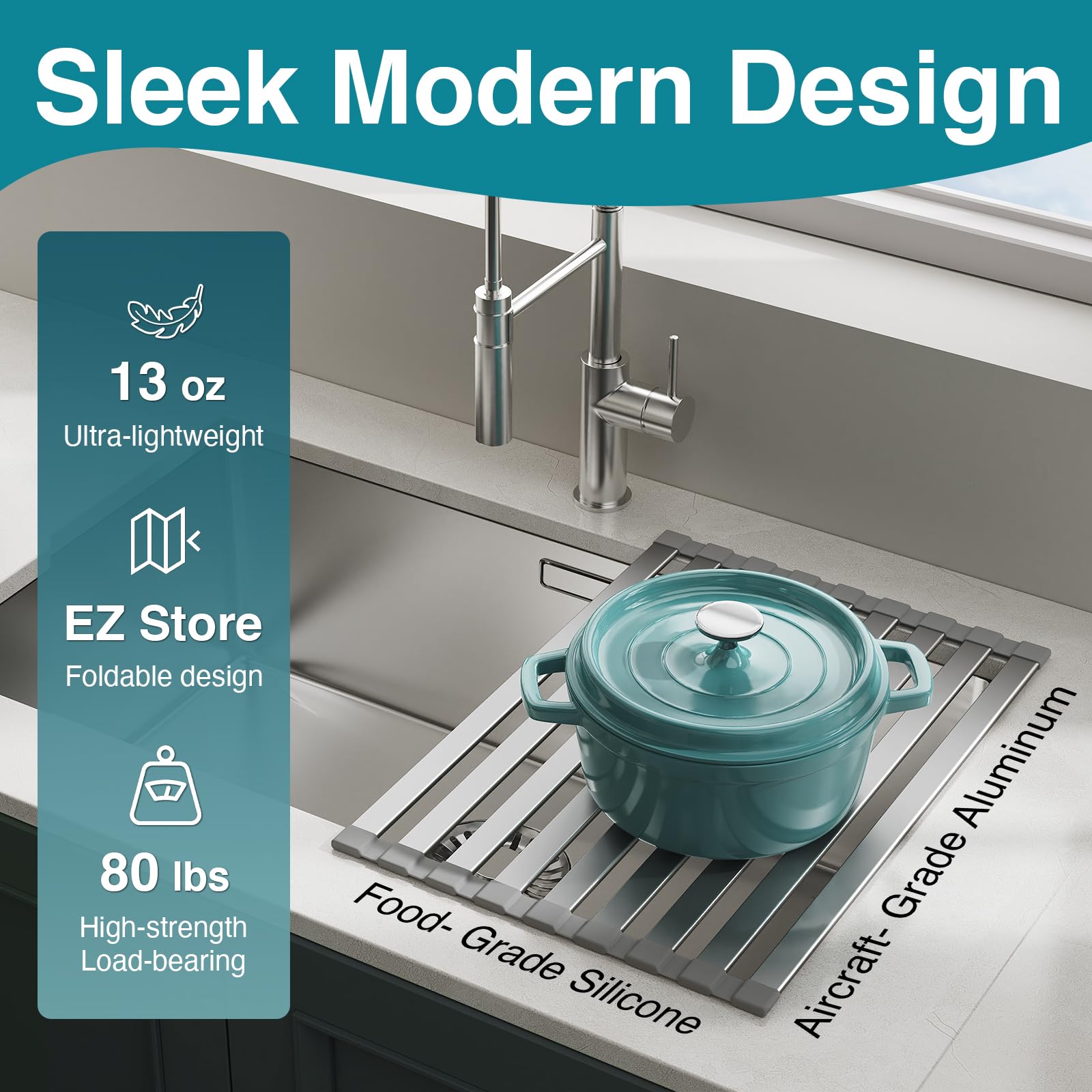Cool-Angle dish rack with non-slip feet keeps dishes in place.