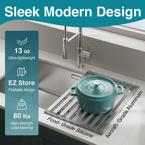 Cool-Angle dish rack with non-slip feet keeps dishes in place.
