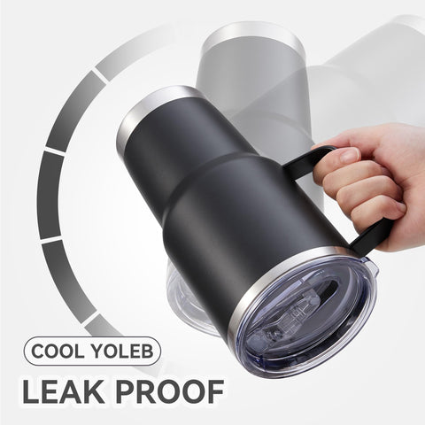 Cool Yoleb double-wall vacuum insulated tumbler keeping beverages cold or hot.