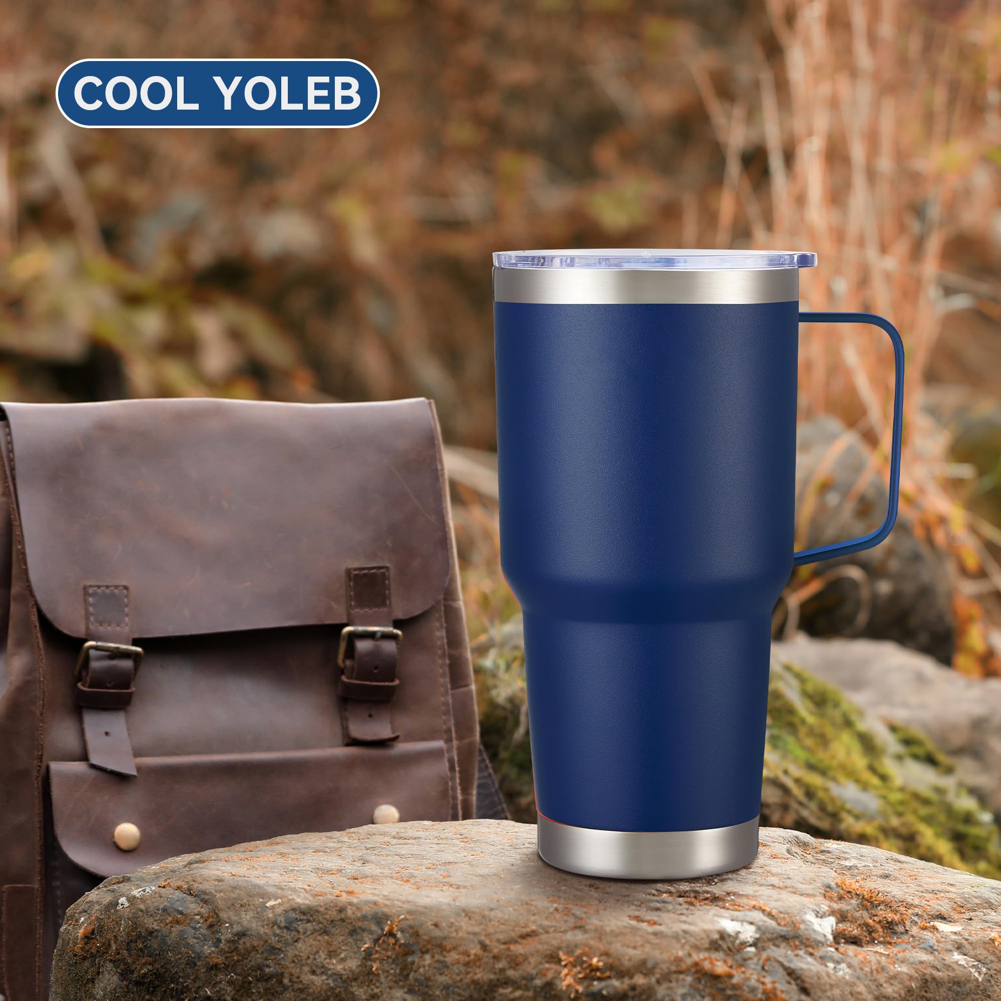 Cool Yoleb navy tumbler shown fitting most car cup holders.