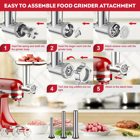 Four grinding plates provide texture options for meat and more.