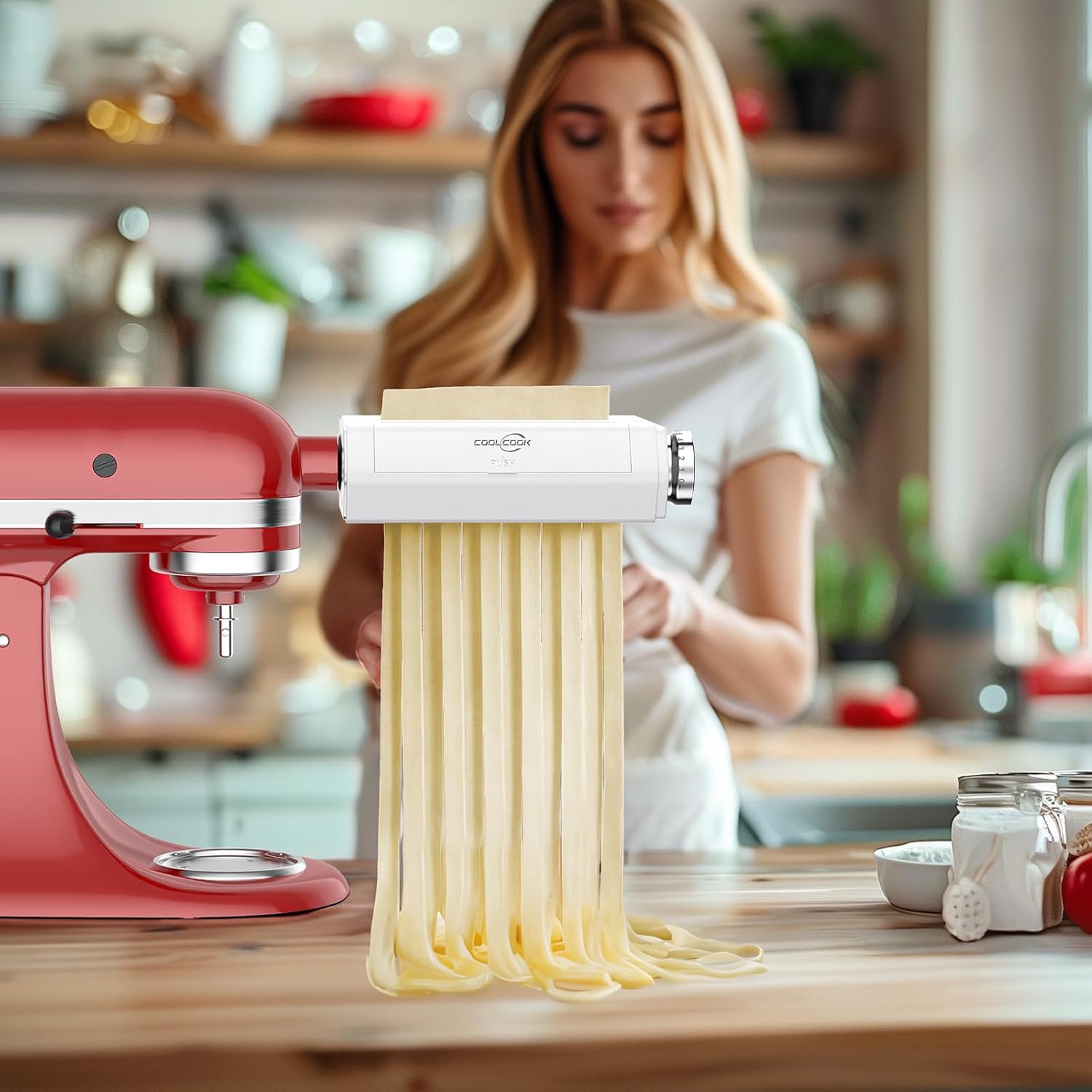 Coolcook attachment in use on a KitchenAid mixer for versatile pasta making.