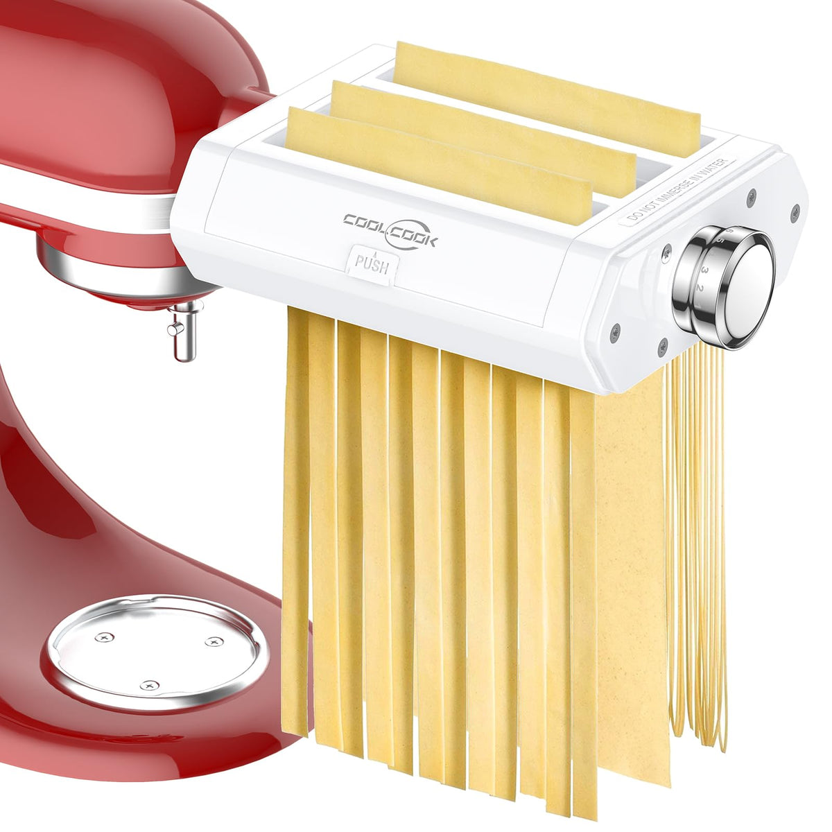Coolcook pasta attachment with KitchenAid roller for smooth dough sheets.