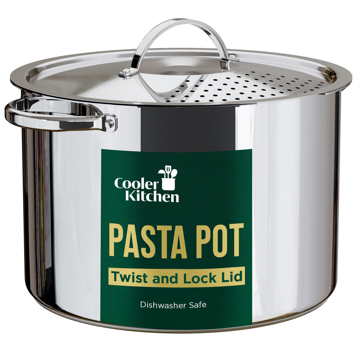 Cooler Concepts pasta pot with lid strainer for spill-free draining after boiling.