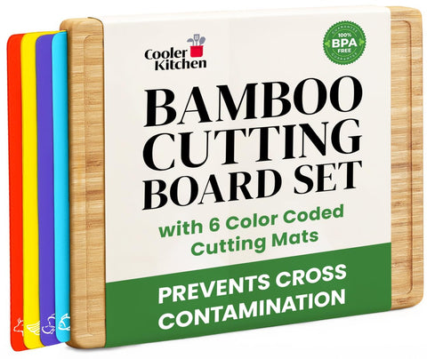 Cooler Kitchen bamboo cutting board with large surface for meal prep and serving.