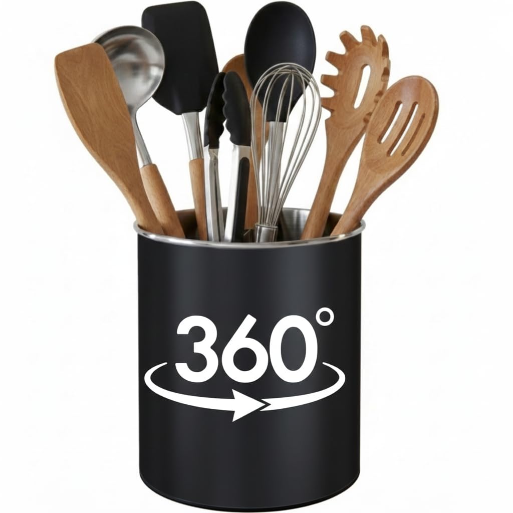 Cooler Kitchen black rotating utensil holder showing accessible rotating base for easy reach