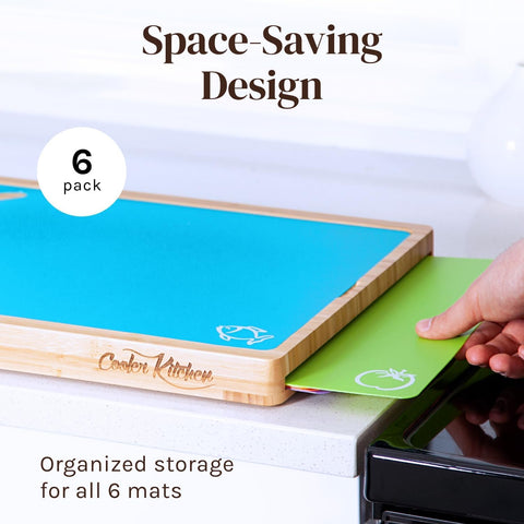 Cooler Kitchen color-coded cutting boards prevent cross contamination during prep.