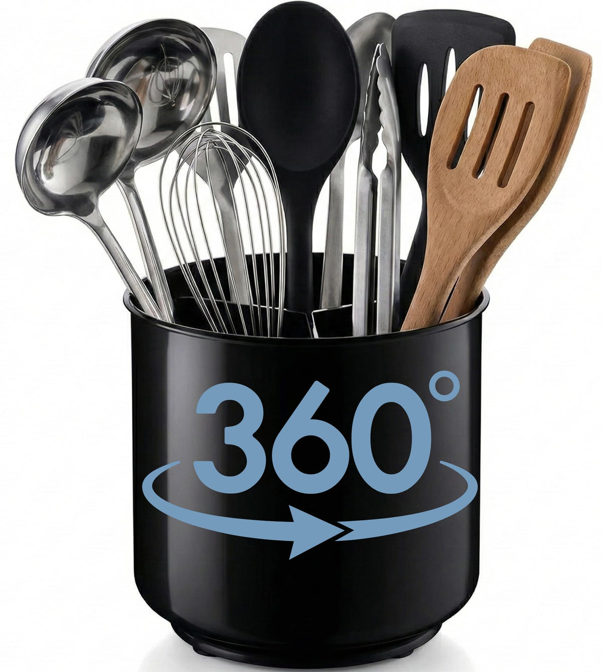 Cooler Kitchen jumbo rotating utensil holder shows spacious 7-inch diameter for busy kitchens.